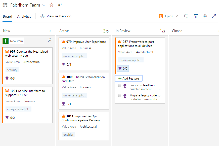 Epics Kanban board