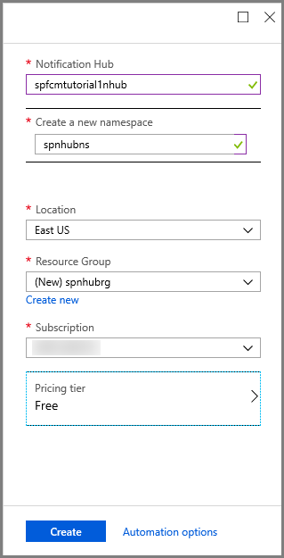 Azure portal - set notification hub properties