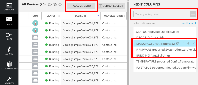 Column editor ion the device list