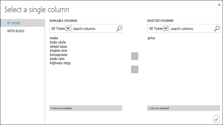 Select the price column for the "Train Model" module