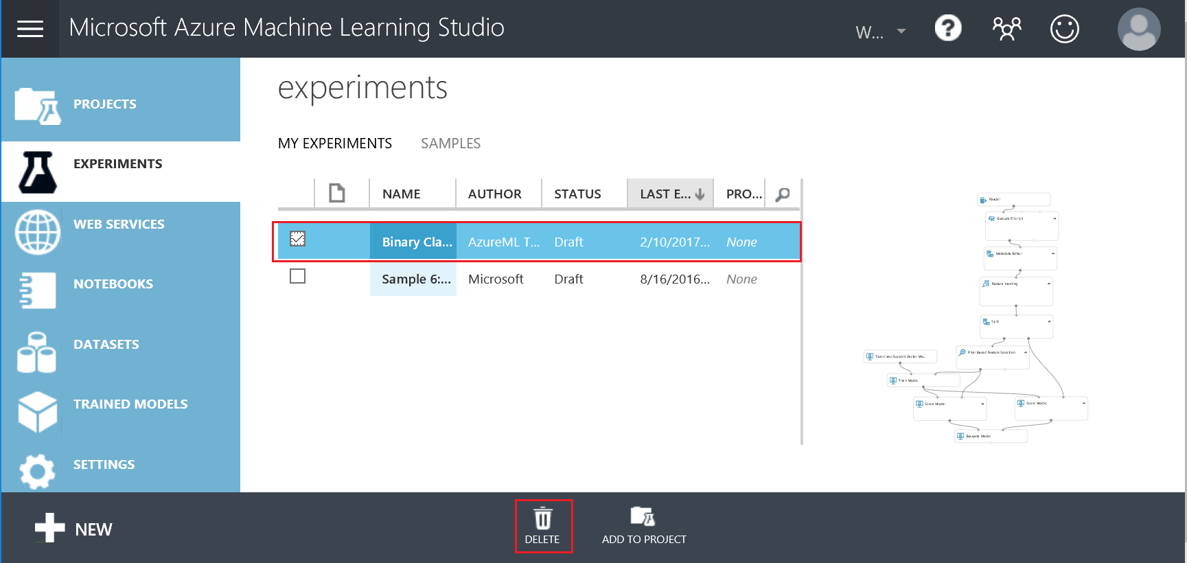 Delete assets in Machine Learning Studio (classic)