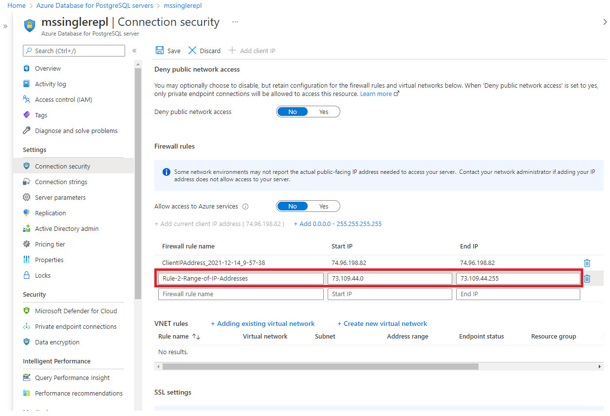 Azure portal - firewall rules