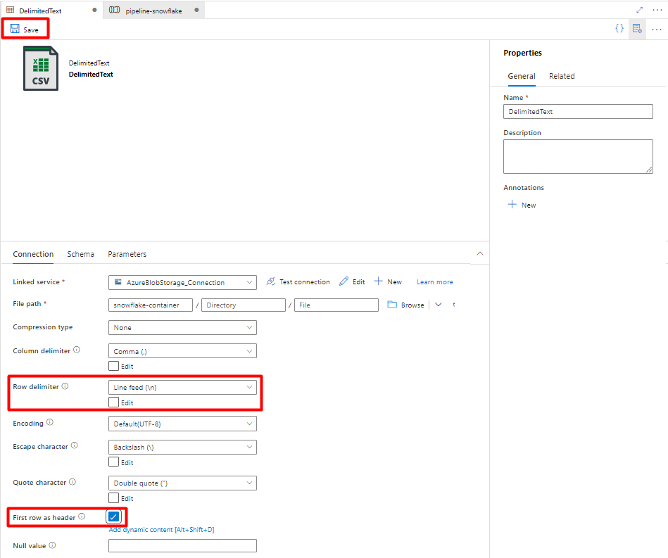 Screenshot showing how to save a DelimitedText configuration to be used as sink for Snowflake.