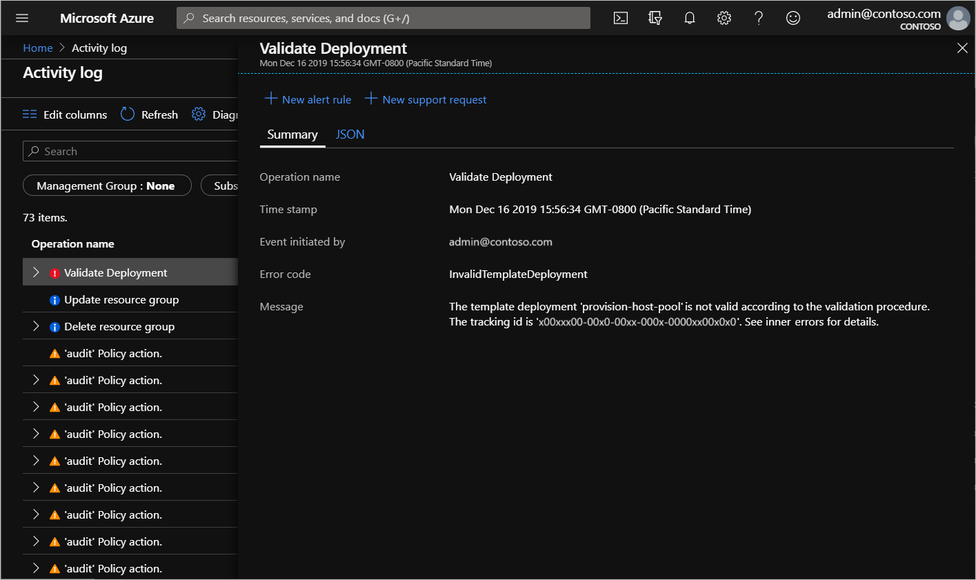 Screenshot of individual Validate Deployment activity with a Failed status