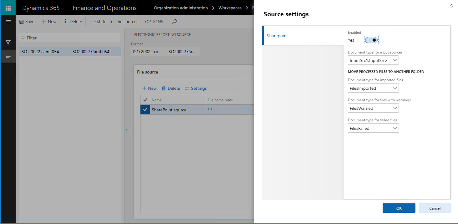 SharePoint source settings