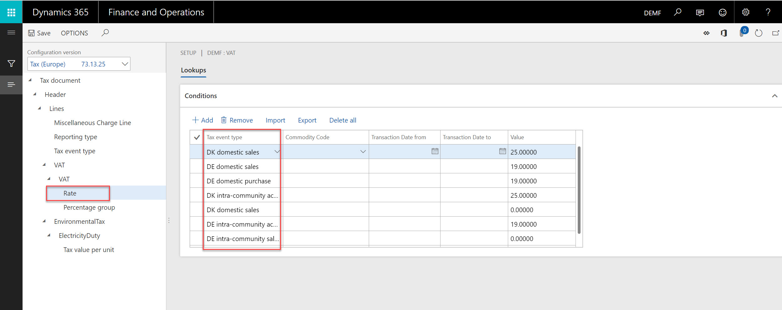 Tax setup event type rate