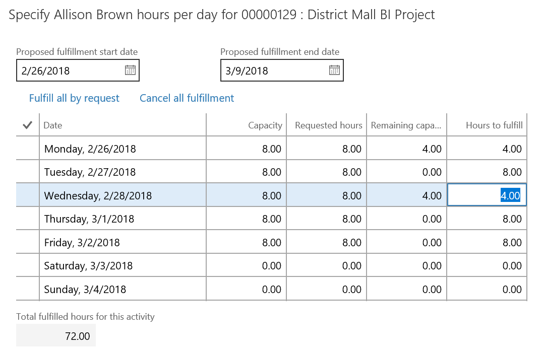 A screenshot showing editing defaulted project fulfillment hours