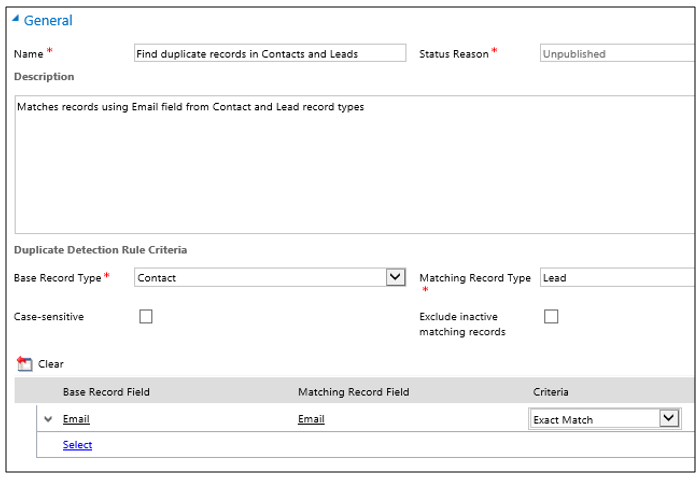 Example duplicate detection rule