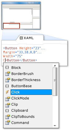 IntelliSense list showing available events