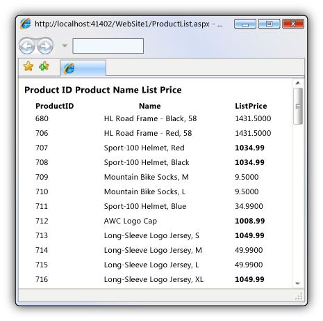 ProductList.aspx with some prices in bold