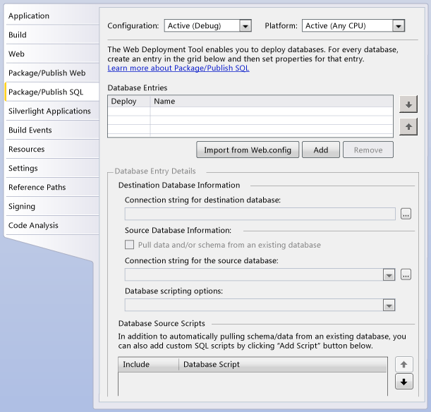 Package/Publish SQL tab of Project Properties