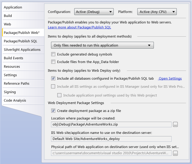 Package/Publish Web tab