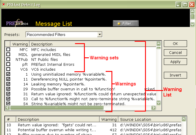 Screen shot showing warning sets in the PREfast Defect Log