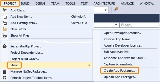 Store menu in Visual Studio 2013