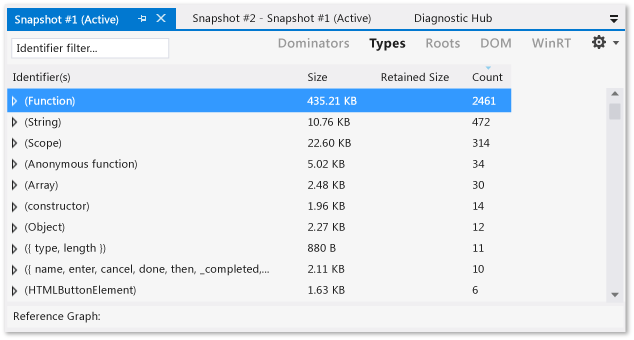 Snapshot details view showing types