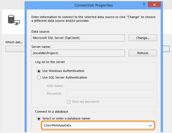 Enter the SQL database connection properties