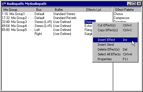 Effects List shortcut menu 