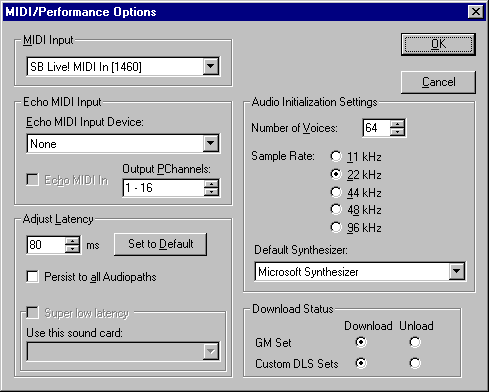 MIDI/Performance Options dialog box 