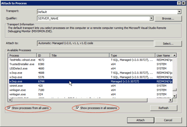 Attaching to a w3wp process for debugging