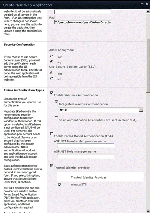 Create New Web Application dialog box