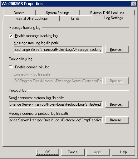 Screenshot of the Log Settings Tab in SP1