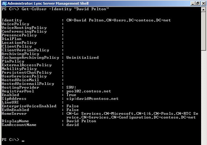 Output from Get-CsUser cmdlet with Identity filter