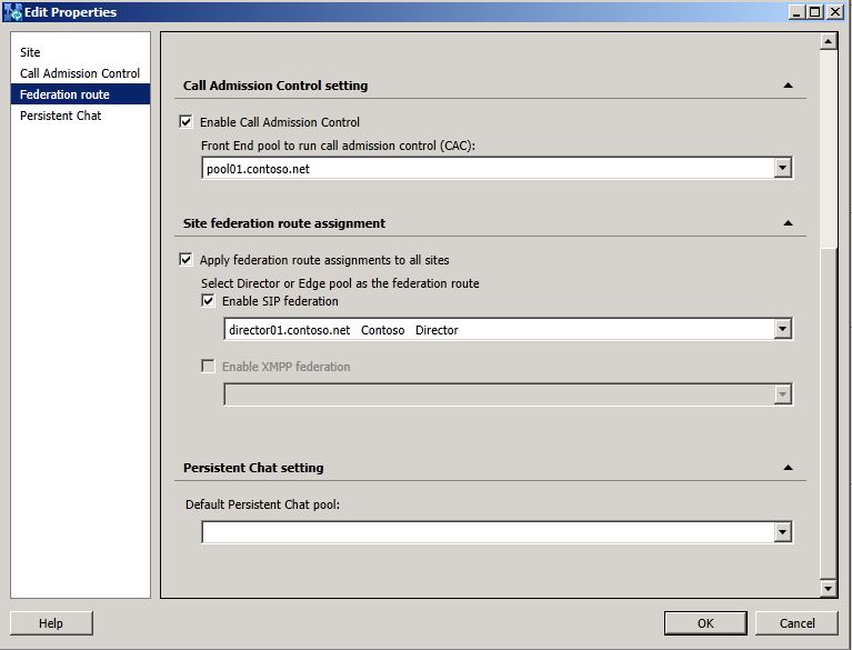 Edit Properties, Federation route page