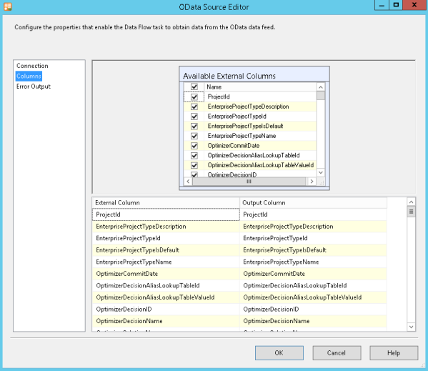 Column Mappings OData Source Editor