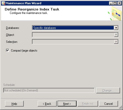 Define Reorganize Index Task page