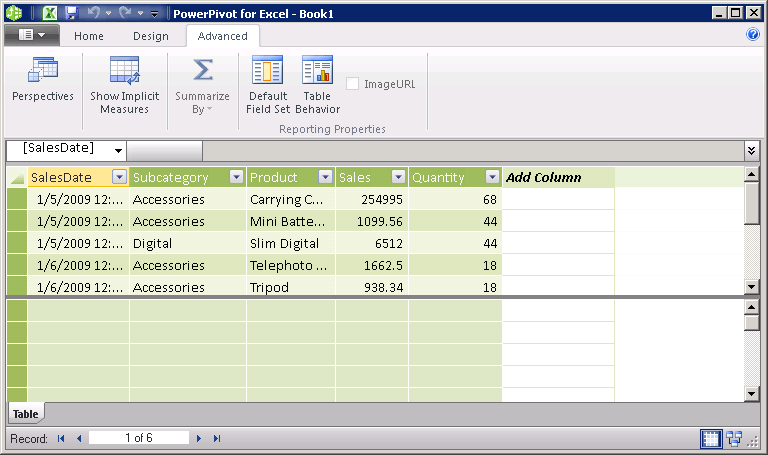 Advanced tab in PowerPivot window