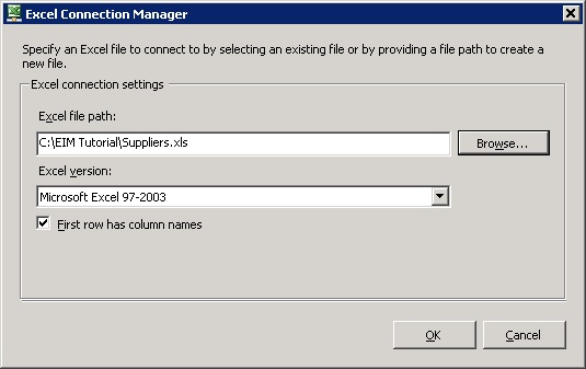 Excel Connection Manager Dialog Box