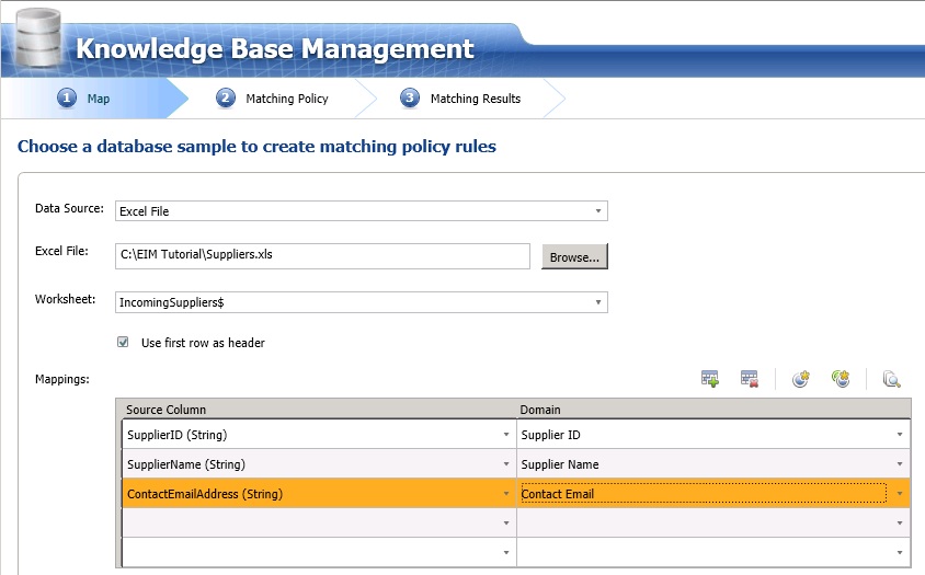 Map Page of Matching Policy Definition Process