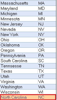 Excel - Add North Carolina to States