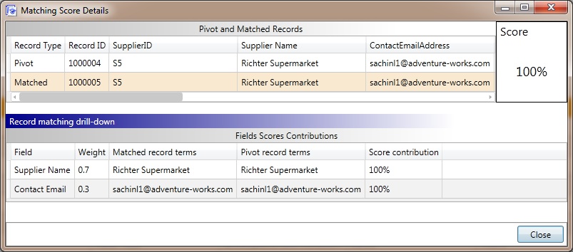 Matching Score Details Dialog Box