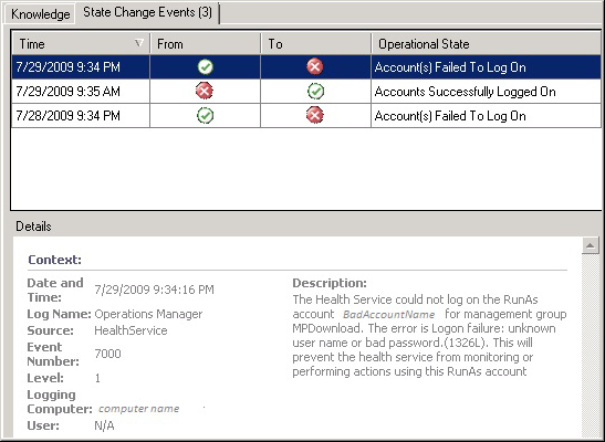 Details on State Change Events tab