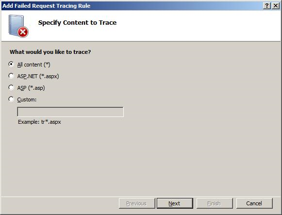 Screenshot that shows the Add Failed Request Tracing Rule wizard, with All content selected.