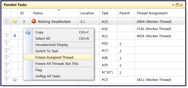 Parallel Tasks window contextmenu expanded