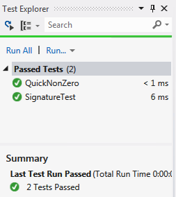 Unit Test Explorer with two passed tests