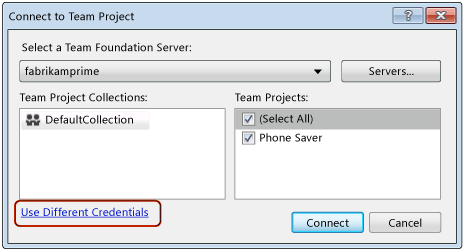 Connect to a team project with other credentials
