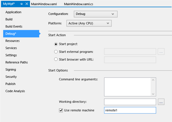 Debug project property page