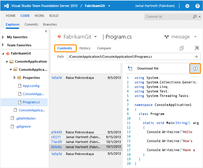 Annotated changes to a file on web portal