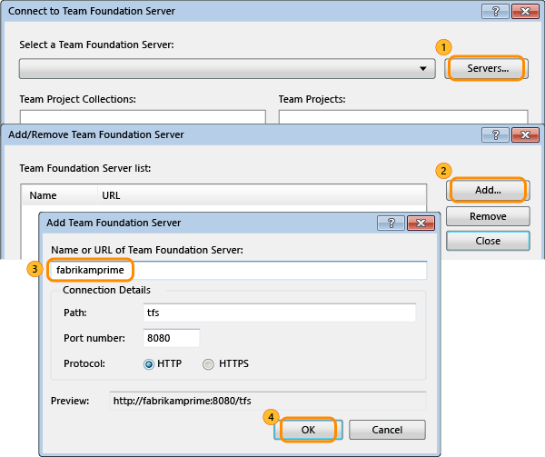 Servers button on the Connect to Team Foundation Server dialog box. Add button on the Add/Remove TFS. Name of server in the Add TFS dialog box. OK button.