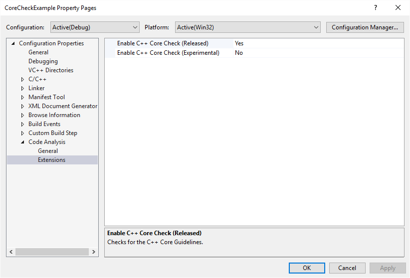 Property page for Code Analysis Extensions settings