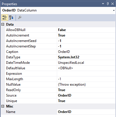 DataSet column properties