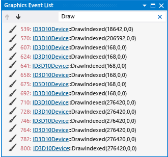 Graphics Event List showing captured events