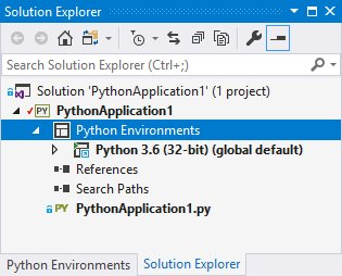 Global default Python environment shown in Solution Explorer