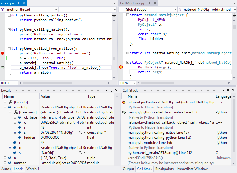 Mixed-mode debugging of Python and C++ together