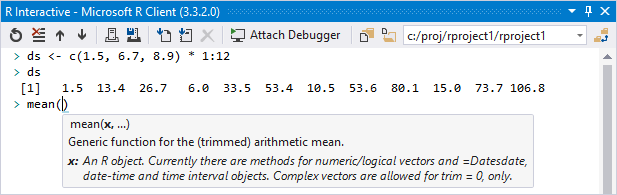 IntelliSense showing help for a function