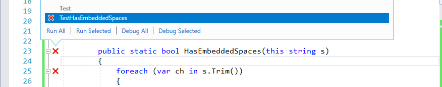 Live Unit Testing options for a failed test