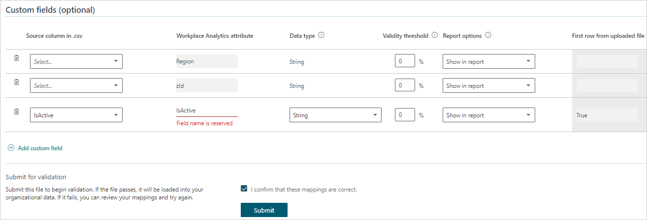 Custom fields table